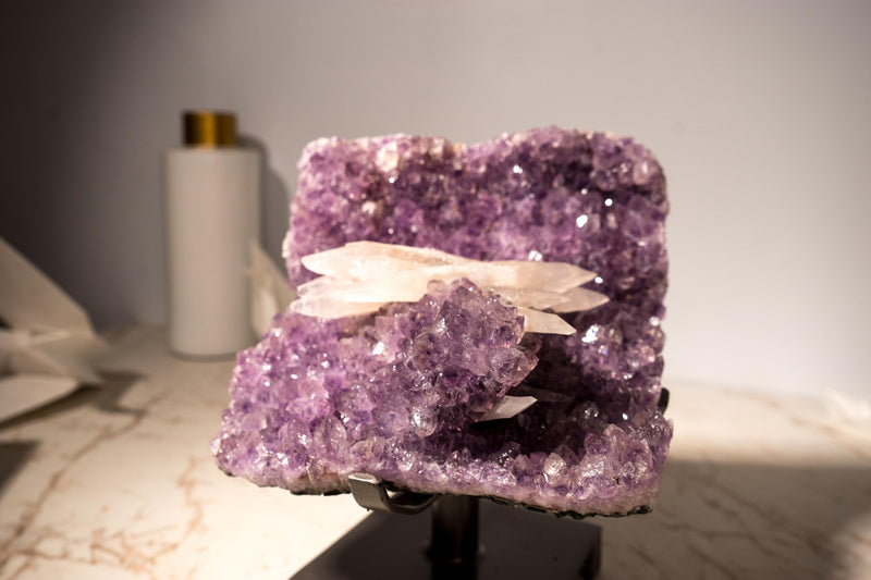 Rare UV - Reactive Calcite on Lavender Purple Amethyst Cluster, Pink Reactive Color - E2D Crystals & Minerals