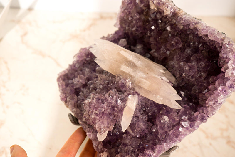 Rare UV - Reactive Calcite on Lavender Purple Amethyst Cluster, Pink Reactive Color - E2D Crystals & Minerals