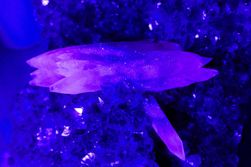 Rare UV - Reactive Calcite on Lavender Purple Amethyst Cluster, Pink Reactive Color - E2D Crystals & Minerals