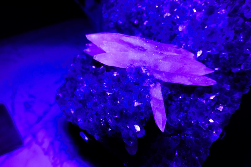 Rare UV - Reactive Calcite on Lavender Purple Amethyst Cluster, Pink Reactive Color - E2D Crystals & Minerals