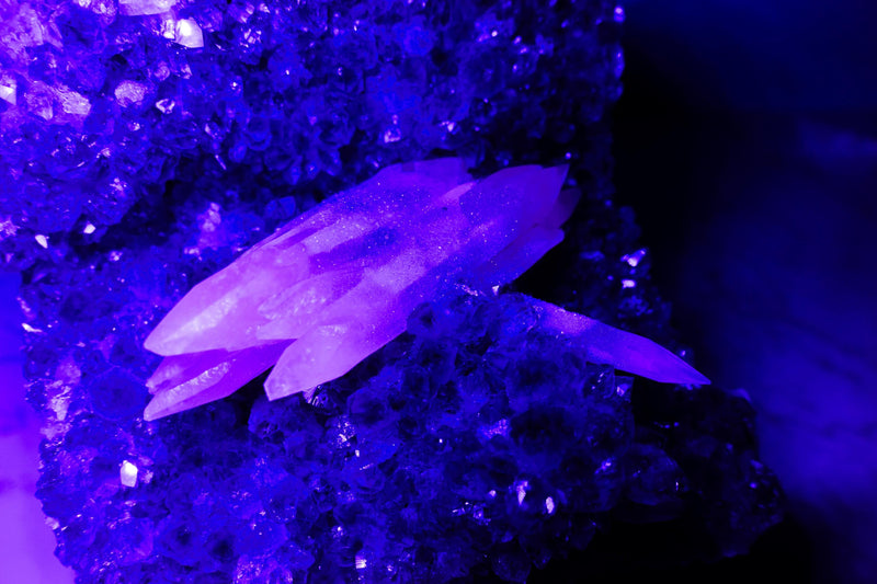 Rare UV - Reactive Calcite on Lavender Purple Amethyst Cluster, Pink Reactive Color - E2D Crystals & Minerals