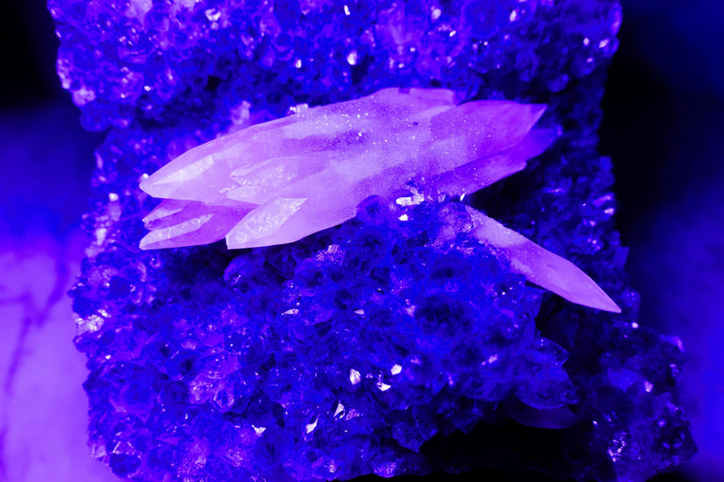 Rare UV - Reactive Calcite on Lavender Purple Amethyst Cluster, Pink Reactive Color - E2D Crystals & Minerals