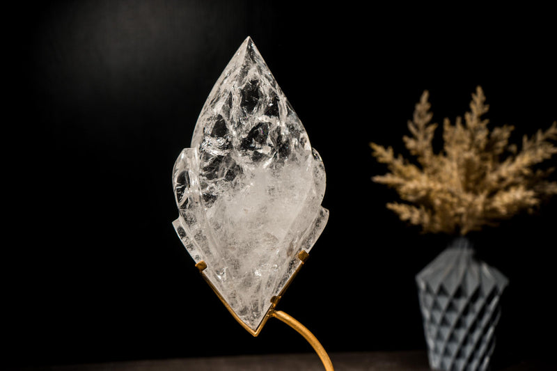 Clear Quartz Flame, Hand-Carved Sculpture Set on a Custom Stand