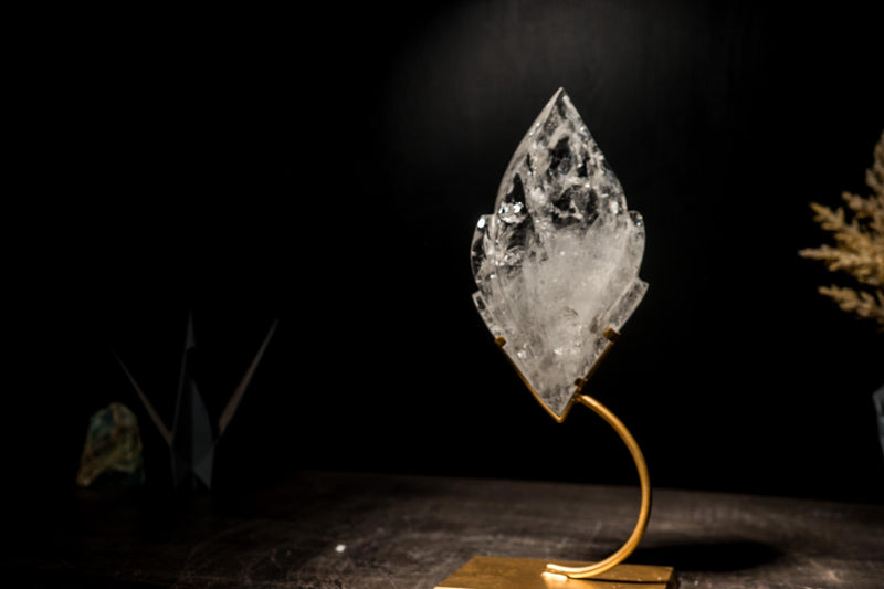 Clear Quartz Flame, Hand-Carved Sculpture Set on a Custom Stand