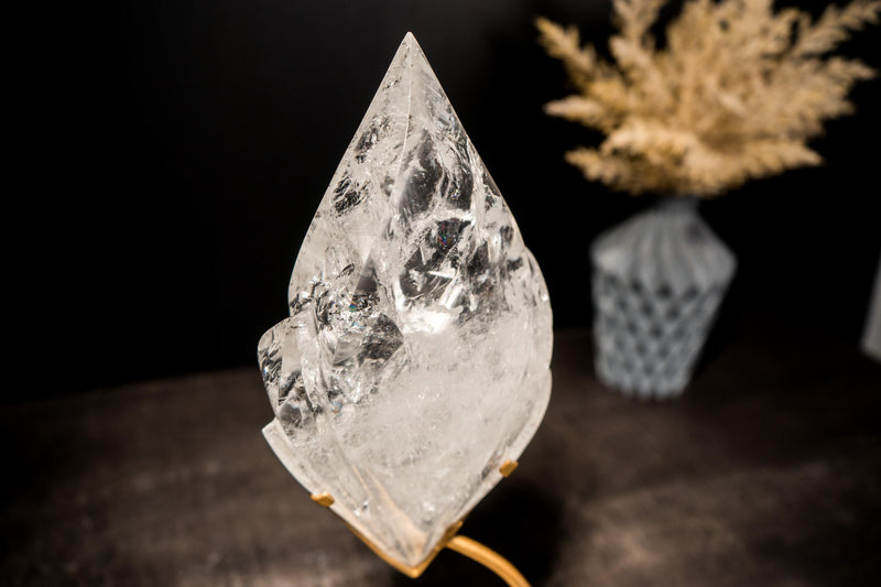 Clear Quartz Flame, Hand-Carved Sculpture Set on a Custom Stand