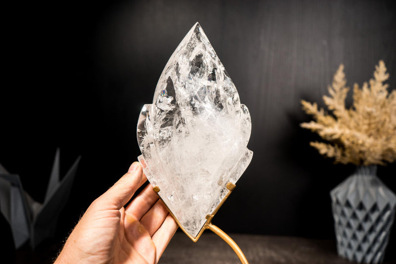 Clear Quartz Flame, Hand-Carved Sculpture Set on a Custom Stand