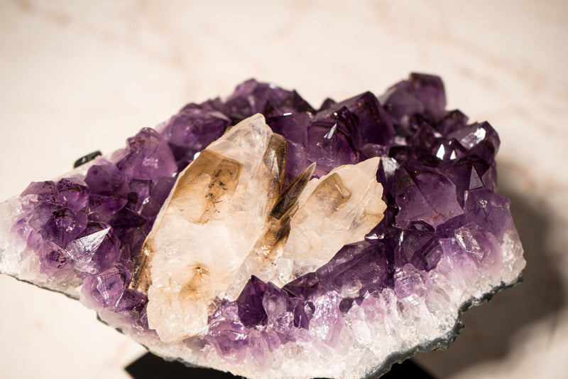 Rare Crystal Calcite on Deep Purple Amethyst Cluster with Goethite Inclusions - E2D Crystals & Minerals