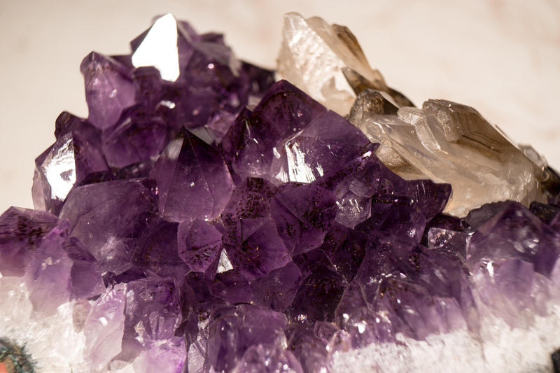 Rare Crystal Calcite on Deep Purple Amethyst Cluster with Goethite Inclusions - E2D Crystals & Minerals