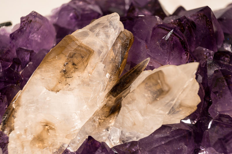 Rare Crystal Calcite on Deep Purple Amethyst Cluster with Goethite Inclusions - E2D Crystals & Minerals