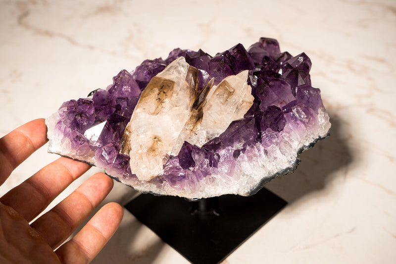 Rare Crystal Calcite on Deep Purple Amethyst Cluster with Goethite Inclusions - E2D Crystals & Minerals