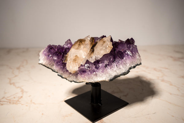 Rare Crystal Calcite on Deep Purple Amethyst Cluster with Goethite Inclusions - E2D Crystals & Minerals