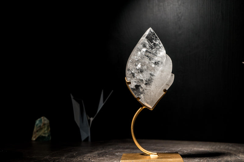 Clear Quartz Flame Sculpture, Hand-Carved Crystal set on Stand