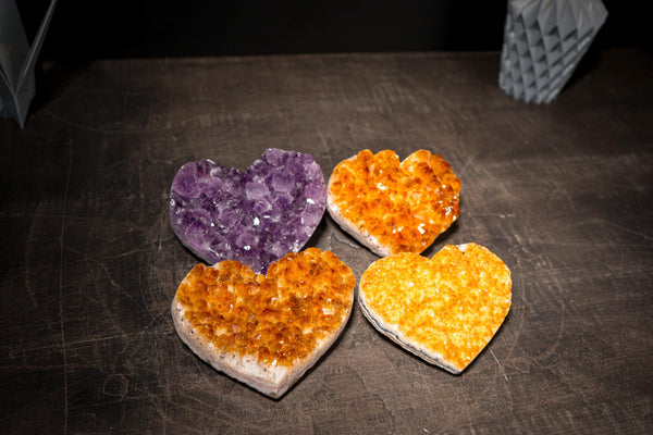 Set of 4 High - Grade Citrine and Amethyst Hearts, Decorative Crystal, Wholesale Flat Box - 3.4 Kg - 7.5 lb - E2D Crystals & Minerals