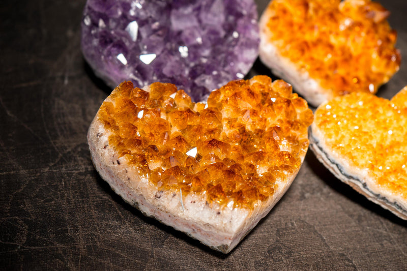 Set of 4 High - Grade Citrine and Amethyst Hearts, Decorative Crystal, Wholesale Flat Box - 3.4 Kg - 7.5 lb - E2D Crystals & Minerals