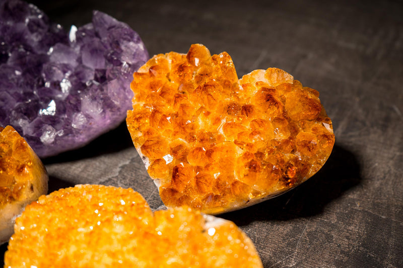 Set of 4 High - Grade Citrine and Amethyst Hearts, Decorative Crystal, Wholesale Flat Box - 3.4 Kg - 7.5 lb - E2D Crystals & Minerals