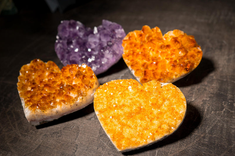 Set of 4 High - Grade Citrine and Amethyst Hearts, Decorative Crystal, Wholesale Flat Box - 3.4 Kg - 7.5 lb - E2D Crystals & Minerals