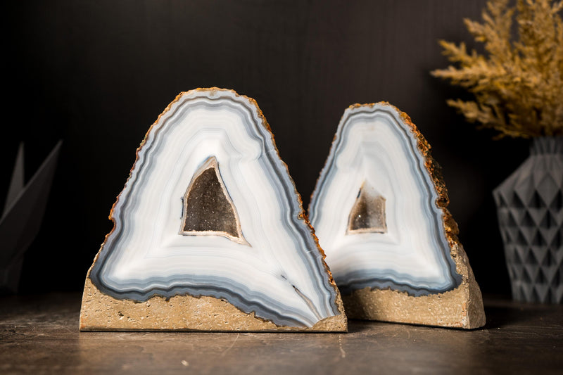 Pair of Rare Blue & White Lace Striped Agate Geodes with Galaxy Druzy - E2D Crystals & Minerals