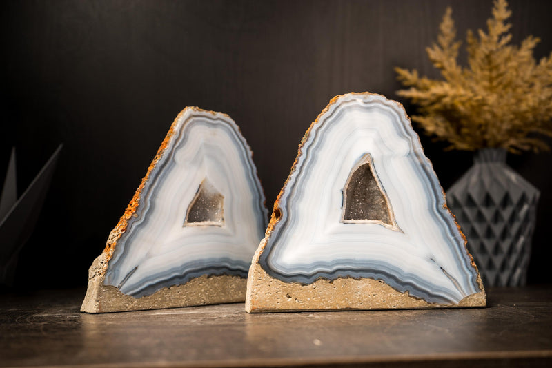 Pair of Rare Blue & White Lace Striped Agate Geodes with Galaxy Druzy - E2D Crystals & Minerals