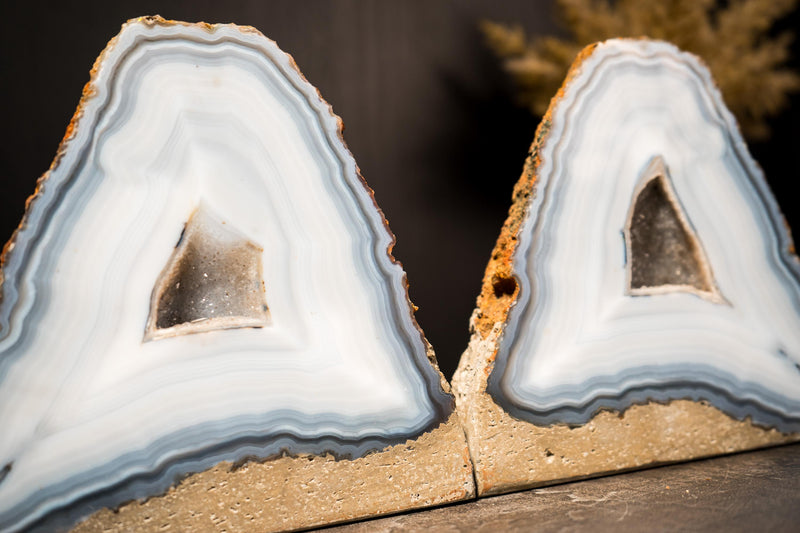 Pair of Rare Blue & White Lace Striped Agate Geodes with Galaxy Druzy - E2D Crystals & Minerals