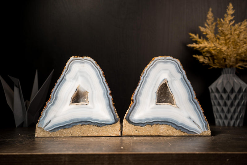 Pair of Rare Blue & White Lace Striped Agate Geodes with Galaxy Druzy - E2D Crystals & Minerals