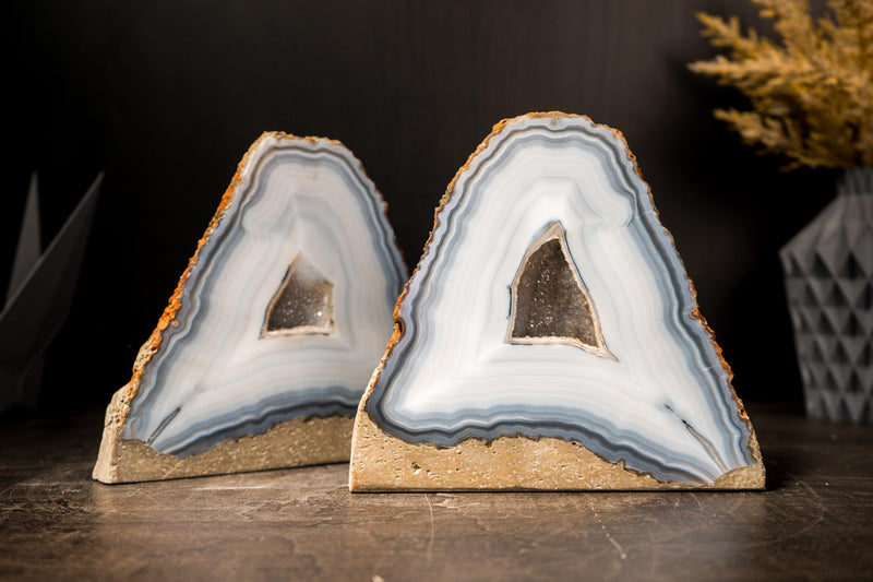 Pair of Rare Blue & White Lace Striped Agate Geodes with Galaxy Druzy - E2D Crystals & Minerals