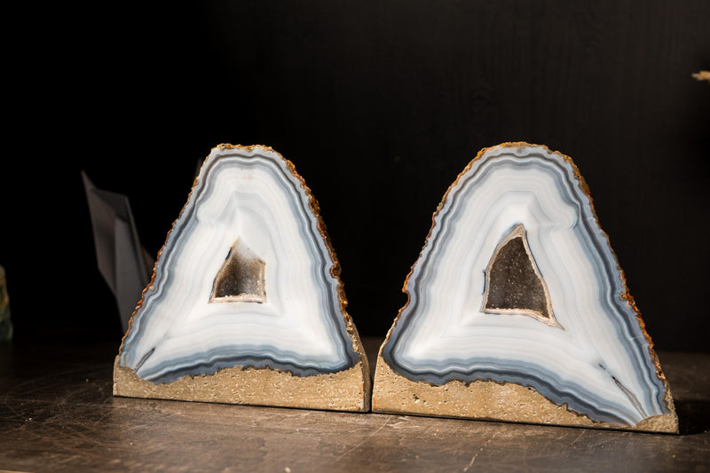 Pair of Rare Blue & White Lace Striped Agate Geodes with Galaxy Druzy - E2D Crystals & Minerals