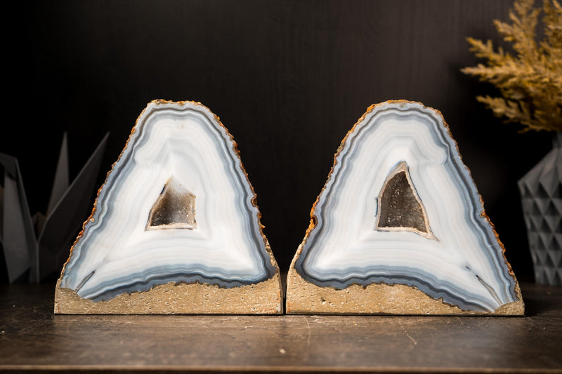 Pair of Rare Blue & White Lace Striped Agate Geodes with Galaxy Druzy - E2D Crystals & Minerals