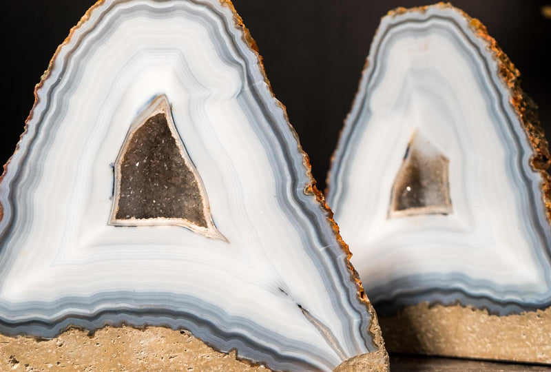 Pair of Rare Blue & White Lace Striped Agate Geodes with Galaxy Druzy - E2D Crystals & Minerals