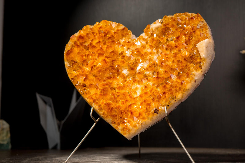 Large Natural Citrine Heart with Brilliant Golden Orange Druzy and Calcite Inclusion, 9 Lb - E2D Crystals & Minerals