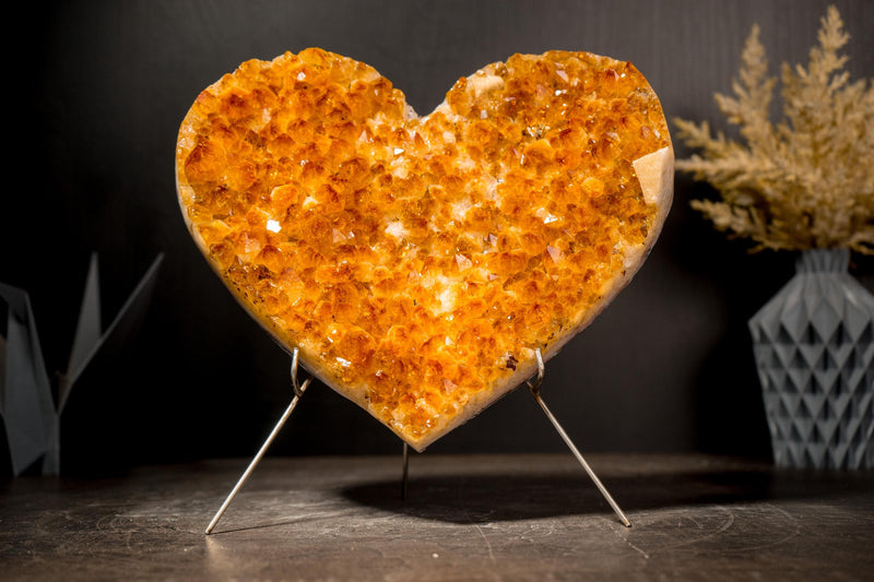 Large Natural Citrine Heart with Brilliant Golden Orange Druzy and Calcite Inclusion, 9 Lb - E2D Crystals & Minerals