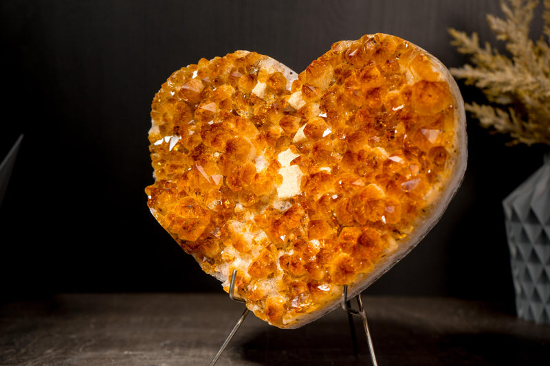 Natural Citrine Heart with a Flower Rosette and Brilliant Golden Orange Druzy - E2D Crystals & Minerals