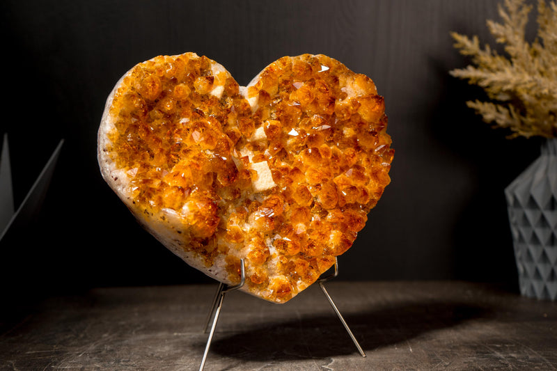 Natural Citrine Heart with a Flower Rosette and Brilliant Golden Orange Druzy - E2D Crystals & Minerals