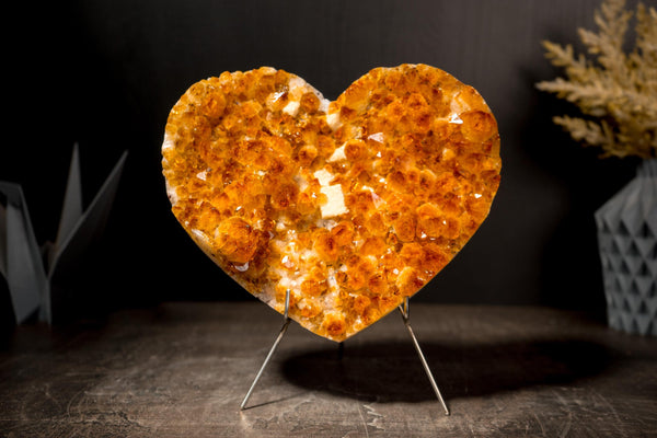 Natural Citrine Heart with a Flower Rosette and Brilliant Golden Orange Druzy - E2D Crystals & Minerals