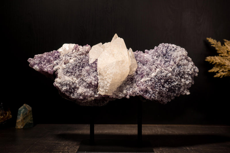 Elestial Spar Calcite on Amethyst Cluster with Delicate Calcite Flowers - E2D Crystals & Minerals