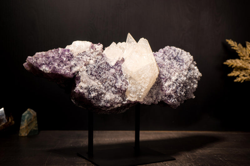 Elestial Spar Calcite on Amethyst Cluster with Delicate Calcite Flowers - E2D Crystals & Minerals