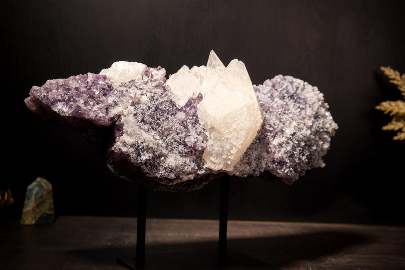 Elestial Spar Calcite on Amethyst Cluster with Delicate Calcite Flowers - E2D Crystals & Minerals