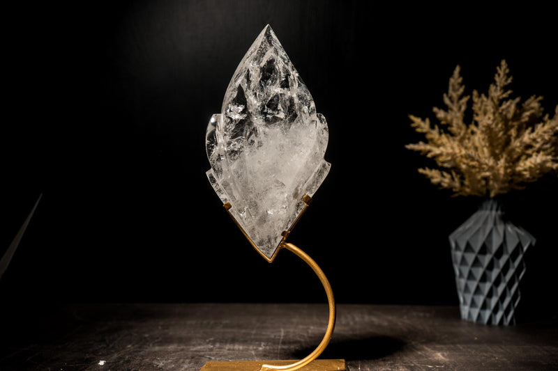 Clear Quartz Flame, Hand-Carved Sculpture Set on a Custom Stand