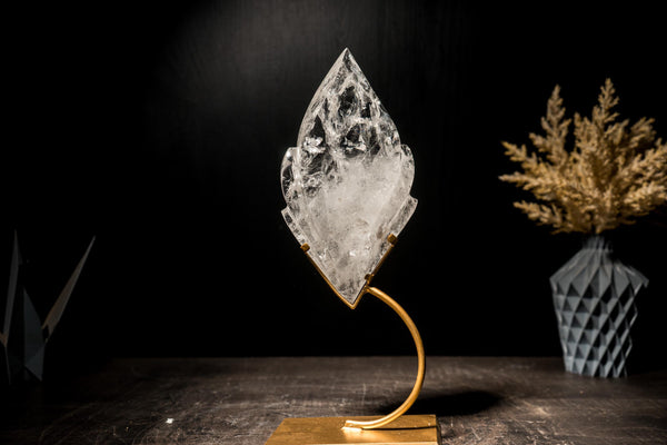 Clear Quartz Flame, Hand-Carved Sculpture Set on a Custom Stand