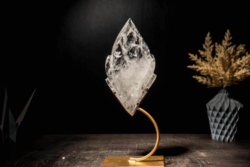 Clear Quartz Flame, Hand-Carved Sculpture Set on a Custom Stand