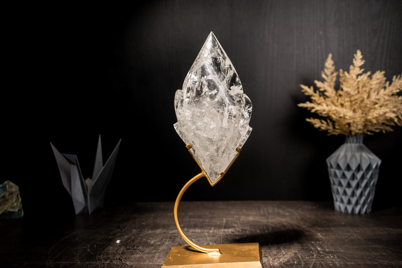 Clear Quartz Flame, Hand-Carved Sculpture Set on a Custom Stand