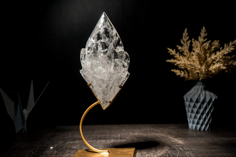 Clear Quartz Flame, Hand-Carved Sculpture Set on a Custom Stand