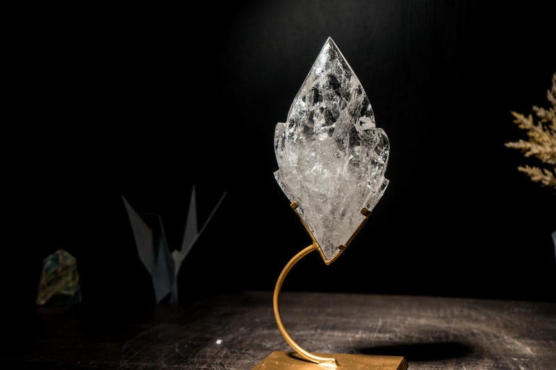 Clear Quartz Flame, Hand-Carved Sculpture Set on a Custom Stand