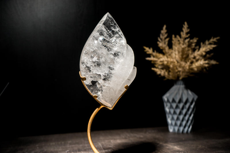 Clear Quartz Flame Sculpture, Hand-Carved Crystal set on Stand