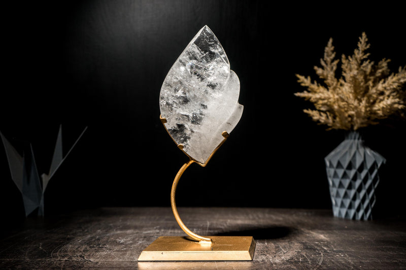 Clear Quartz Flame Sculpture, Hand-Carved Crystal set on Stand