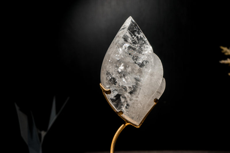 Clear Quartz Flame Sculpture, Hand-Carved Crystal set on Stand