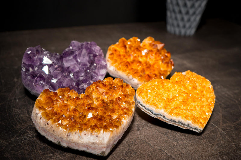 Set of 4 High - Grade Citrine and Amethyst Hearts, Decorative Crystal, Wholesale Flat Box - 3.4 Kg - 7.5 lb - E2D Crystals & Minerals