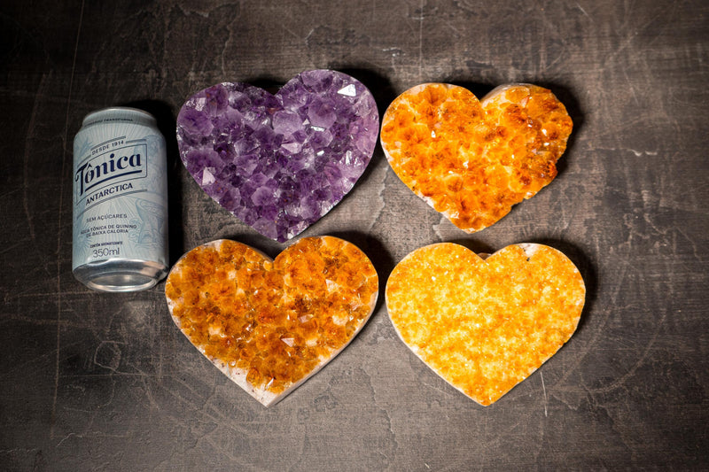 Set of 4 High - Grade Citrine and Amethyst Hearts, Decorative Crystal, Wholesale Flat Box - 3.4 Kg - 7.5 lb - E2D Crystals & Minerals