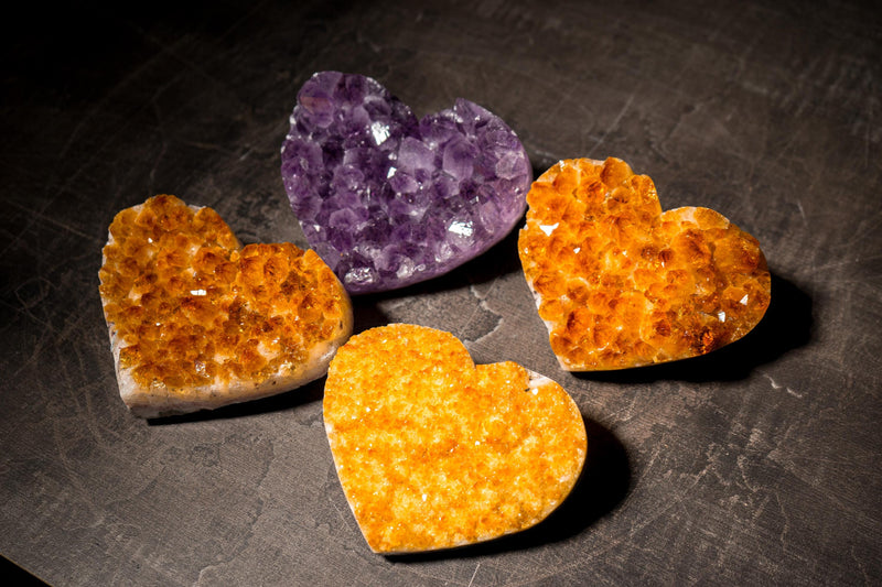 Set of 4 High - Grade Citrine and Amethyst Hearts, Decorative Crystal, Wholesale Flat Box - 3.4 Kg - 7.5 lb - E2D Crystals & Minerals