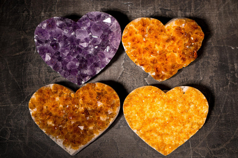 Set of 4 High - Grade Citrine and Amethyst Hearts, Decorative Crystal, Wholesale Flat Box - 3.4 Kg - 7.5 lb - E2D Crystals & Minerals