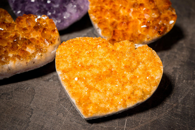 Set of 4 High - Grade Citrine and Amethyst Hearts, Decorative Crystal, Wholesale Flat Box - 3.4 Kg - 7.5 lb - E2D Crystals & Minerals